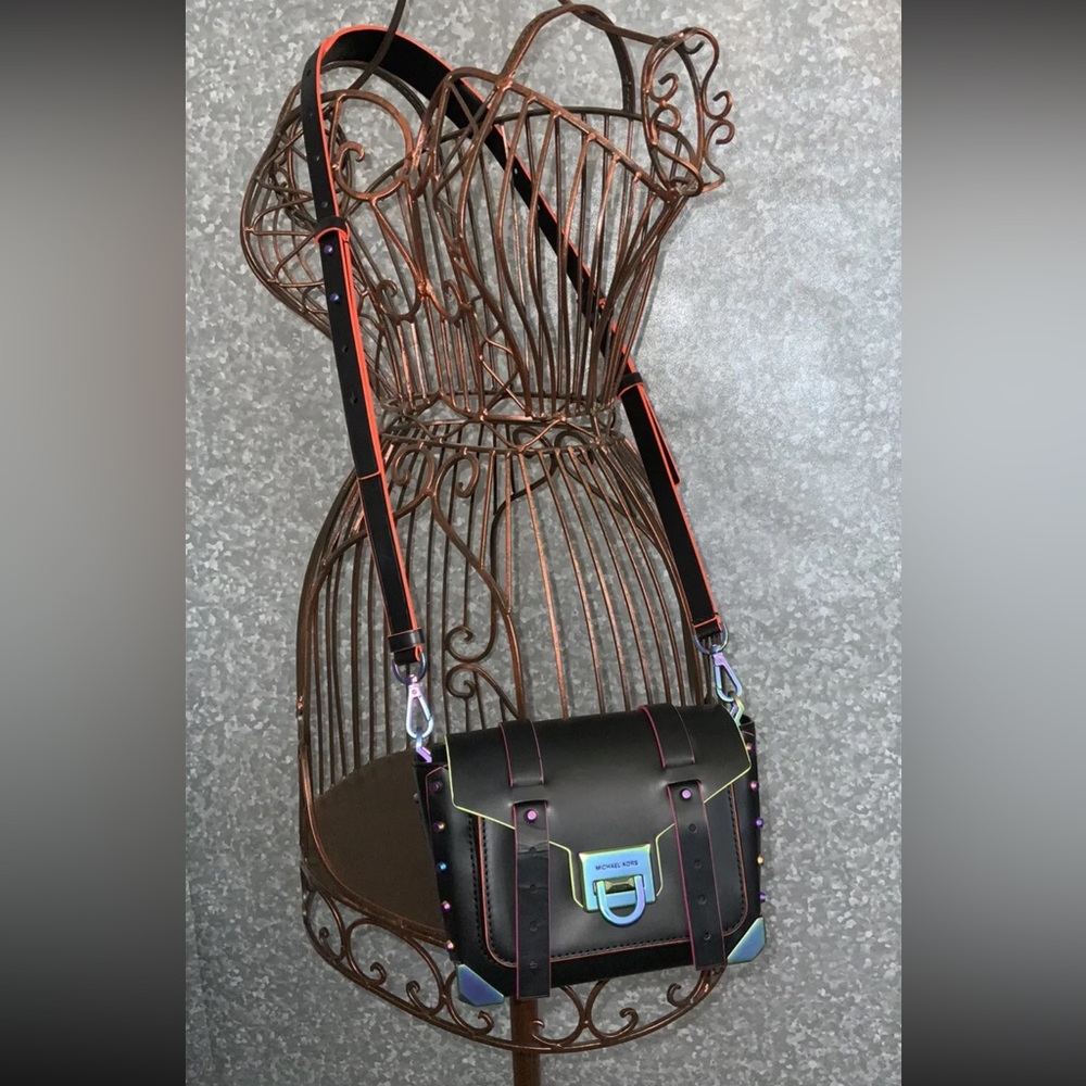 Michael Kors Small Manhattan Black Neon Oil Slick Crossbody